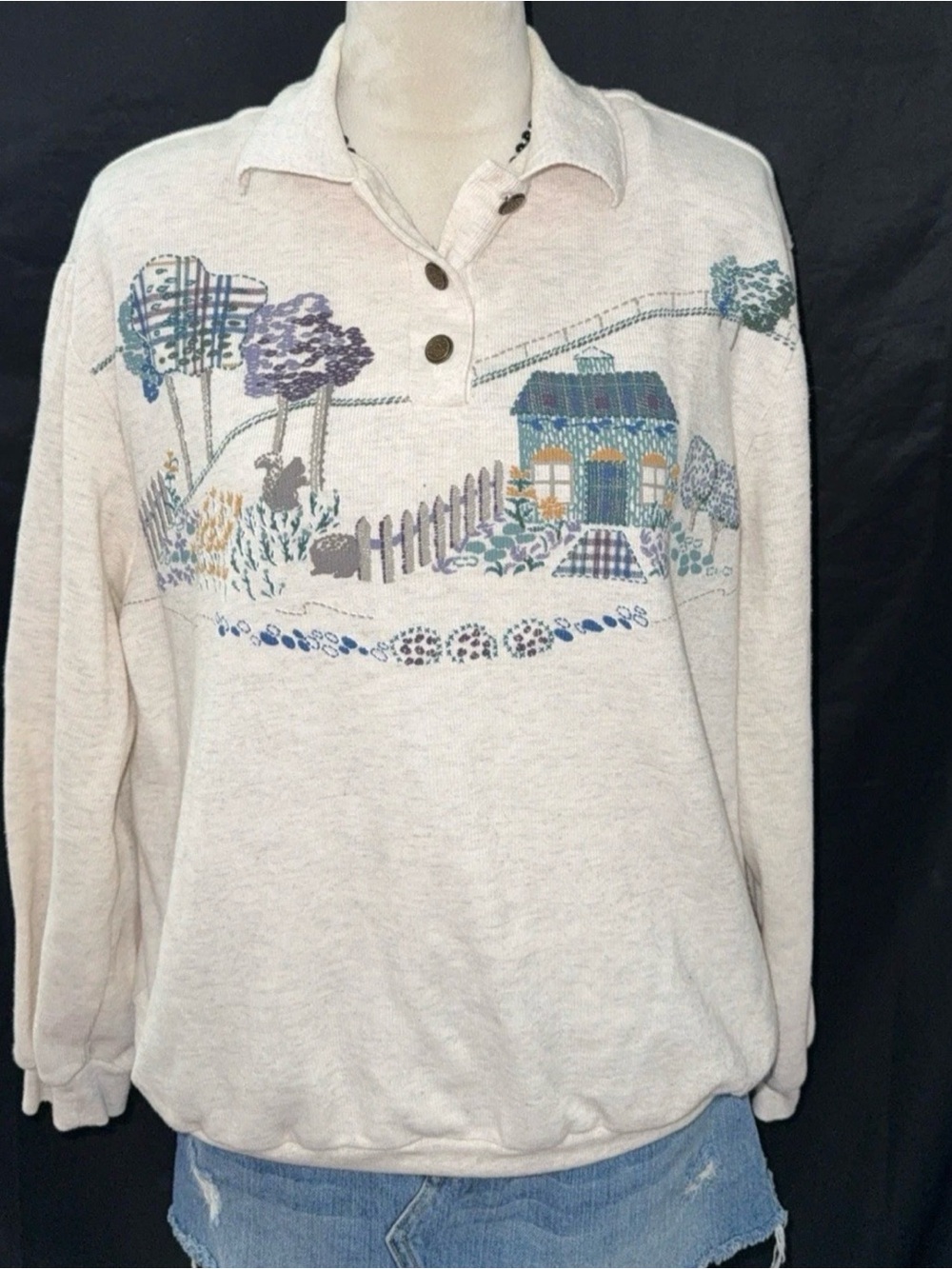 Nina St. Claire Cream Ribbed-Collar Pullover vintage